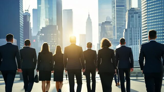 A group of people walking down a city street, all dressed in business attire. Concept of professionalism and unity among the group