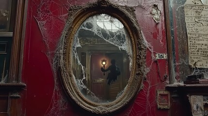 A Mysterious Haunted Mirror Glows in a Dark Cobweb-Filled Room, Creating a Haunting Atmosphere of Intrigue and Fear
