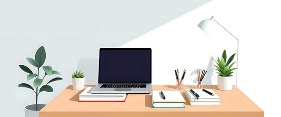 Fototapeta premium Modern Home Office: Wooden Desk with Laptop, Books & Potted Plants Under Beige Lamp