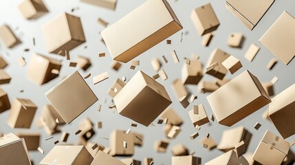 Dynamic chaos as cardboard boxes tumble down, varying in size and speed, creating a sense of disorder and movement. 
