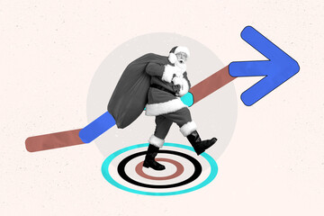 Trend artwork sketch image photo collage of winter new year merry christmas santa claus go omg face bag gift arrow trader business target