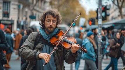 Street violinist playing music in a busy city intersection