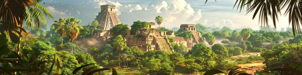 Fototapeta premium An abstract landscape of the Yucatan Peninsula, blending Mayan ruins with lush greenery, enhanced by warm hues of terra cotta and sandstone.