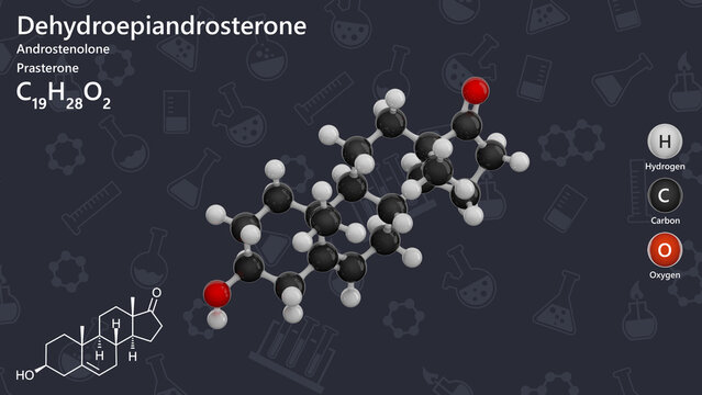 Molecule of Dehydroepiandrosterone (C19H28O2) or DHEA, is a naturally occurring steroid hormone. It serves as a precursor to sex hormones like testosterone and estrogen. Dark back. 3d illustration
