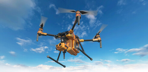 A yellow aerial quadcopter equipped with a remote control is depicted flying against a backdrop of the sky and clouds. 4k camera. 3d illustration.