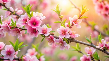 Obraz premium HD wallpaper of peach branch with flowers and leaves