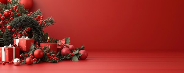 Design a classic 3D Christmas background featuring rich red and black hues
