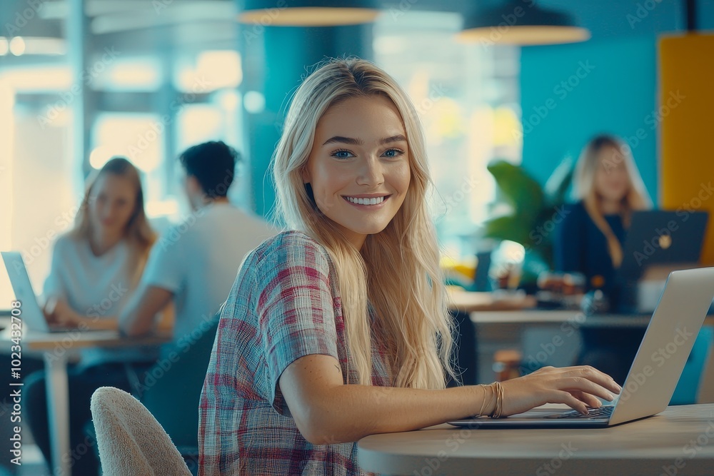Poster student sitting on a chair working online on a laptop in a café space is a happy, smiling girl sitti