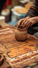 A skilled artisan carefully molds clay into a pot, surrounded by colorful woven textiles