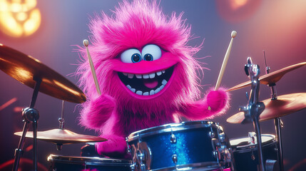 Pink cartoon character playing drums on stage