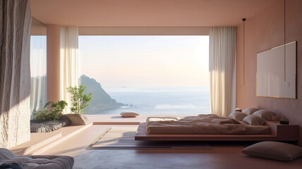 Fototapeta premium Interior design or real estate concept image. Minimalist bedroom view at daytime