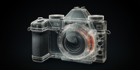 Wireframe model of a professional camera floating on a black background