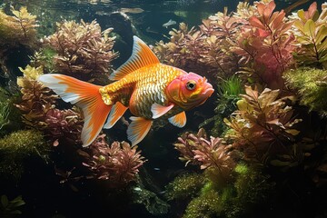 Obraz premium lively goldfish swimming gracefully amidst lush aquatic plants in a crystalclear aquarium capturing the essence of tranquility and the vibrant colors of underwater life