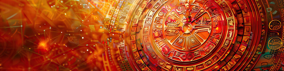 A modern interpretation of a traditional Aztec calendar, featuring vivid hues of red, orange, and gold against a minimalist, abstract background.