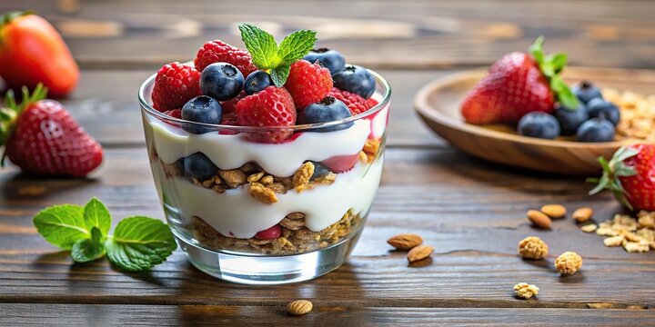 Healthy and colorful yogurt parfait with berries and granola