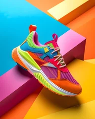 Vitrage gordijnen Bright multicolor athletic sneaker displayed on a geometric background with bold vibrant colors. Modern sportswear and fashion concept for posters and advertisements © Mateusz
