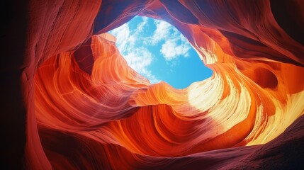 Obraz premium Looking Up Through Red Rock Canyon at Blue Sky with Clouds and Sunlight. Stunning Natural Rock Formations and Vibrant Colors, Generated AI