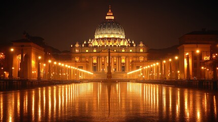 Fototapeta premium Glowing St. Peter's Basilica at night during winter