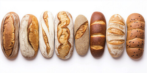 Eight loaves of freshly baked bread lying on a white background