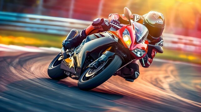 Motorcyclist leaning into a sharp turn on a race track at high speed during sunset. Motorsport and adrenaline concept for posters and wallpapers
