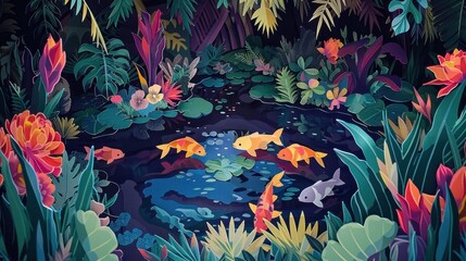 Vibrant Pond with Colorful Fish and Lush Foliage