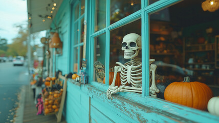 Fototapeta premium cheerful skeleton decoration is seen in vibrant blue window, surrounded by autumn pumpkins and festive decor, creating playful Halloween atmosphere