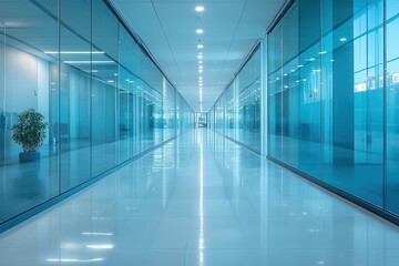 Obraz premium long sleek hallway with bright white glass walls reflecting light creating a professional atmosphere in a modern office space inviting productivity