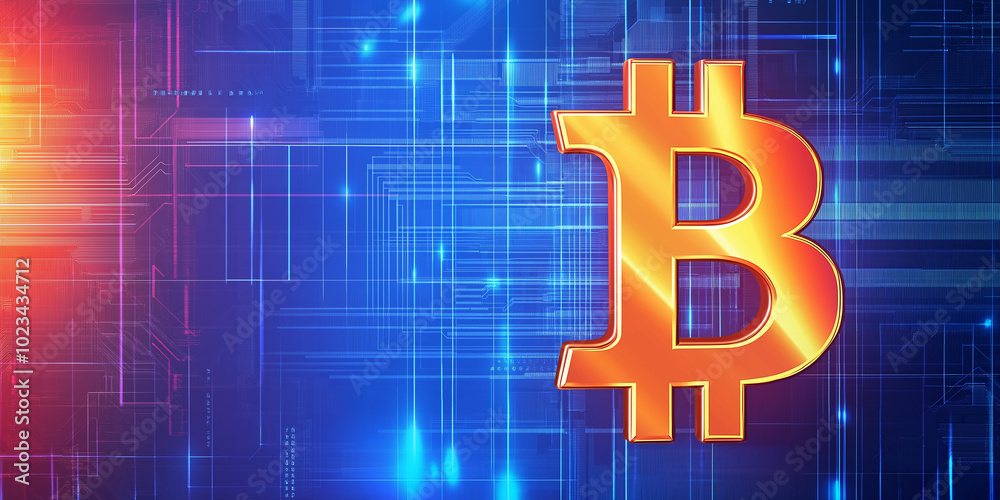 Aufkleber bitcoin symbol floating over blue circuit board background
