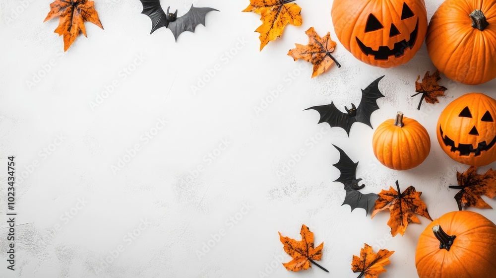 Wall mural Halloween themed decorations on a white surface flat lay with empty space for text