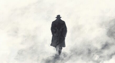 Fototapeta premium Silhouette of a Man in a Coat and Hat Walking Through Fog