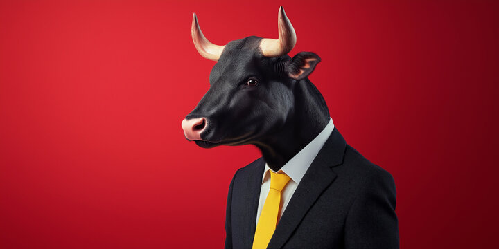 Bull headed businessman wearing suit and tie on red background