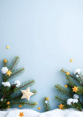 Fence of fir branches and golden stars on snow-blue background. Merry Christmas and happy New Year! Winter holiday template with space for text, suitable for greeting cards, invitations, banners and p