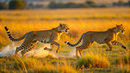 Fototapeta premium Cheetahs sprinting across sunlit savanna, showcasing their agility and speed in vibrant golden landscape. scene captures essence of wildlife in motion