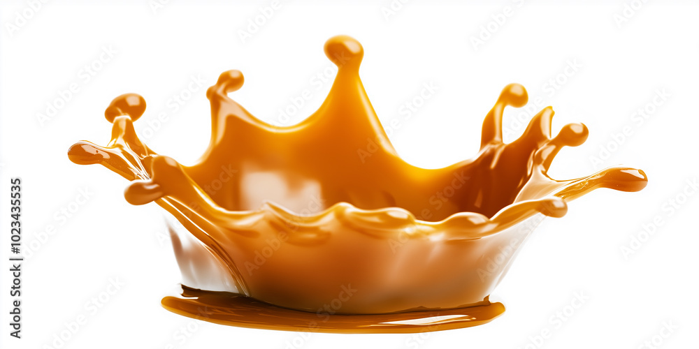 Poster sweet caramel splashing and making crown shape on white background