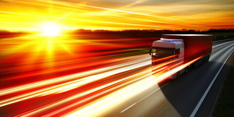 Fototapeta premium White delivery truck speeding on a highway at sunset