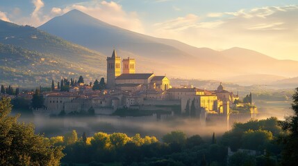 Naklejka premium Assisi Basilica glowing under the afternoon sun during spring