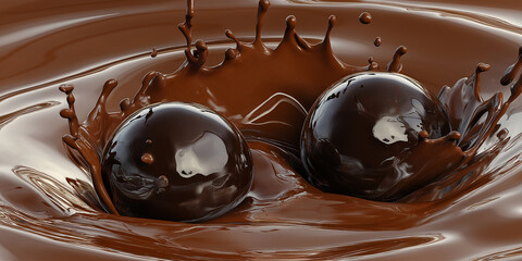 Chocolate balls splashing into melted dark chocolate creating crown splash