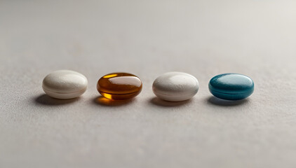  Four Colored Pills on White Background