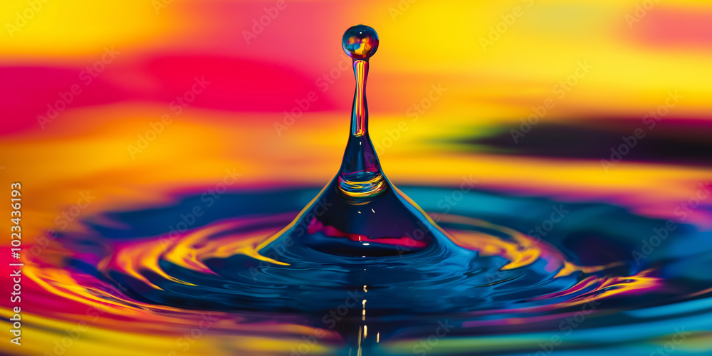 Poster Water droplet falling and creating concentric ripples on colorful liquid surface