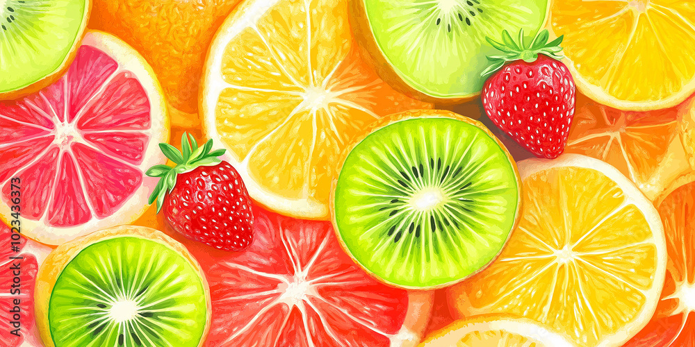 Poster Sliced citrus fruit and strawberries creating colorful background
