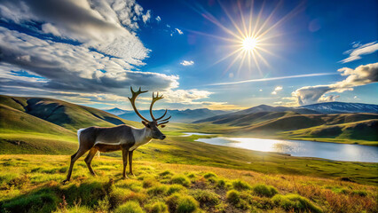 Naklejka premium Majestic caribou stands on vibrant green tundra under bright sun, surrounded by stunning mountains and serene lake. scene captures beauty of nature and wildlife
