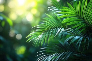 Obraz premium lush green palm leaves gently swaying in a soft breeze set against a blurred background evoking a sense of tranquility and the beauty of nature perfect for a palm sunday concept