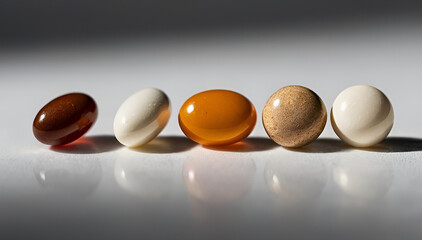 Five Multicolored Pills on White Surface