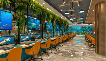 Obraz premium Stylishly designed office featuring innovative decor and advanced technology setup for productivity