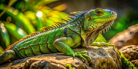 Fototapeta premium Vibrant green iguana stretches out on rock, showcasing its long, scaly body and intricate textures. lush background enhances its striking appearance and natural habitat
