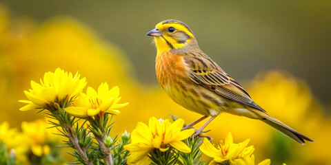 vibrant yellowhammer bird perched gracefully on gorse bush adorned with bright yellow flowers, showcasing beauty of nature in colorful setting