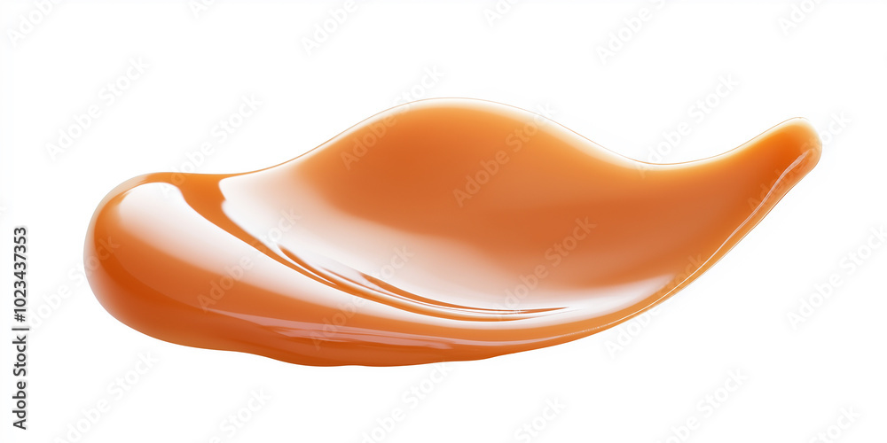 Poster smooth caramel sauce flowing on white background