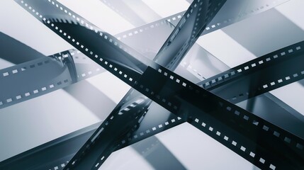 Obraz premium The artwork showcases an intricate arrangement of film strips intertwined at various angles, creating a dynamic and visually striking geometric pattern against a light backdrop