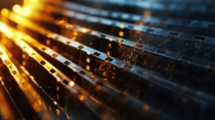 A close-up of a celluloid film strip reveals its textured surface and perforations, illuminated by warm light, highlighting the beauty of vintage film materials