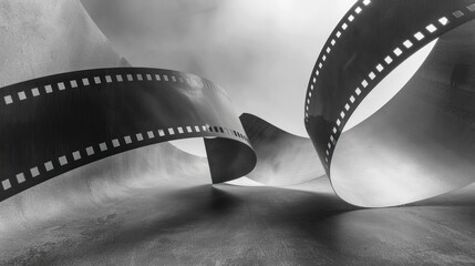 A flowing film strip gracefully weaves through a soft, textured background, evoking a sense of artistic storytelling and cinematic elegance in a minimalist style